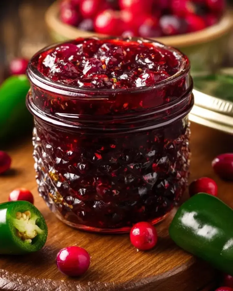 Jar of homemade Cranberry Jalapeño Jam with fresh cranberries and jalapeños