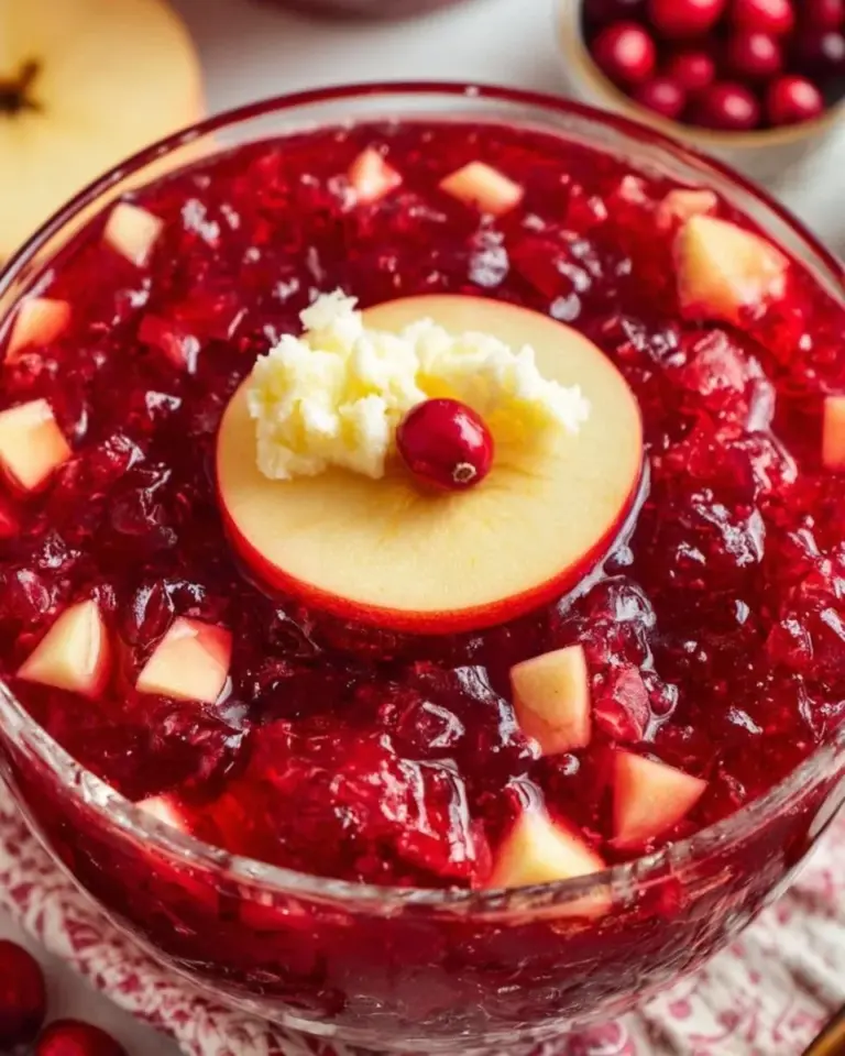 Delicious cranberry jello salad in a clear bowl garnished with fresh cranberries
