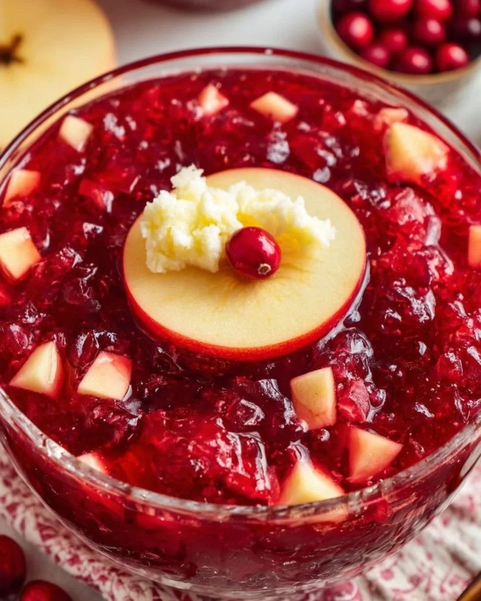 Delicious cranberry jello salad in a clear bowl garnished with fresh cranberries