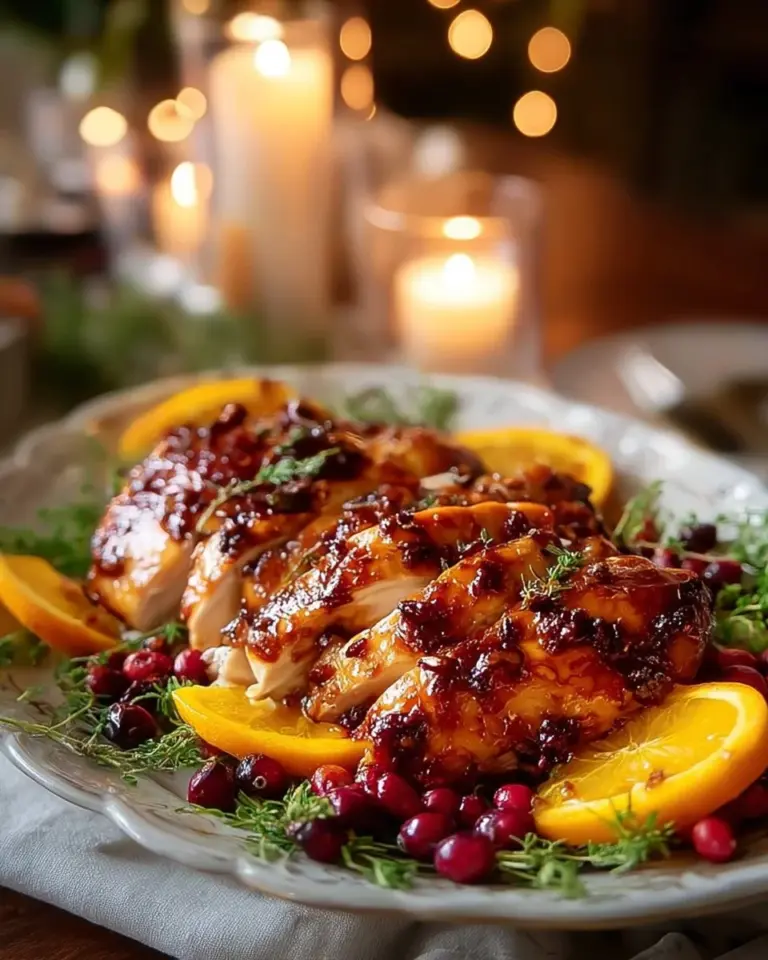Cranberry Orange Glazed Turkey Breast served on a festive platter