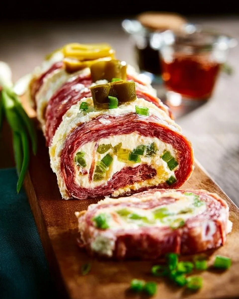 Cream Cheese Salami Roll Ups served on a platter