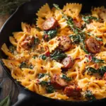 Creamy acorn squash pasta with sausage and spinach in a bowl