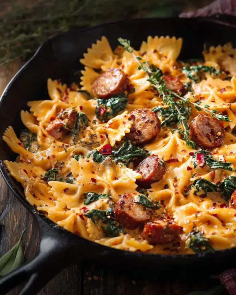 Creamy acorn squash pasta with sausage and spinach in a bowl