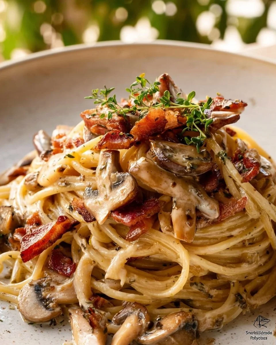 A delicious serving of creamy bacon mushroom pasta topped with fresh herbs.