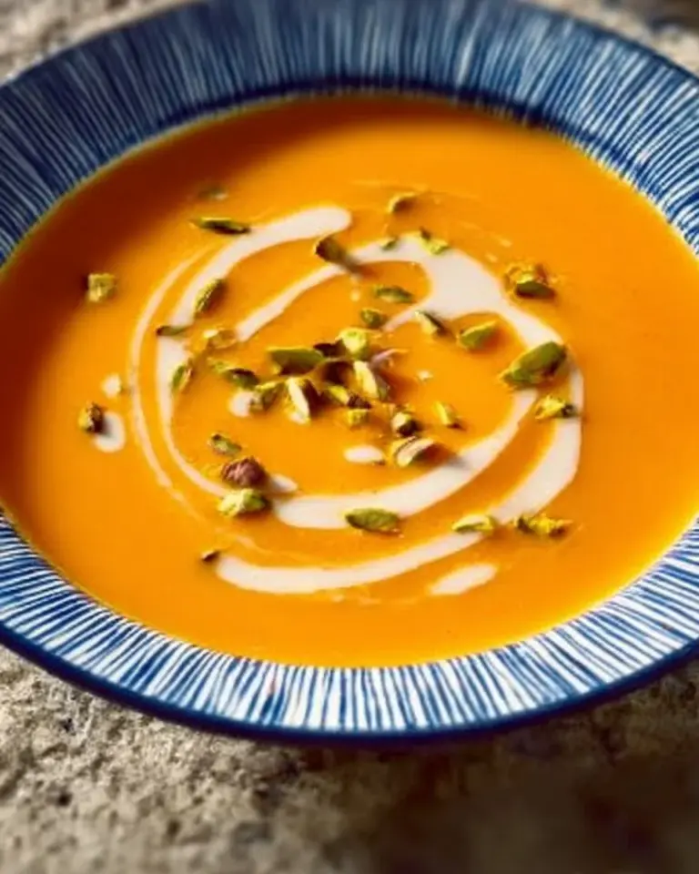 Bowl of creamy butternut squash soup with garnishes.