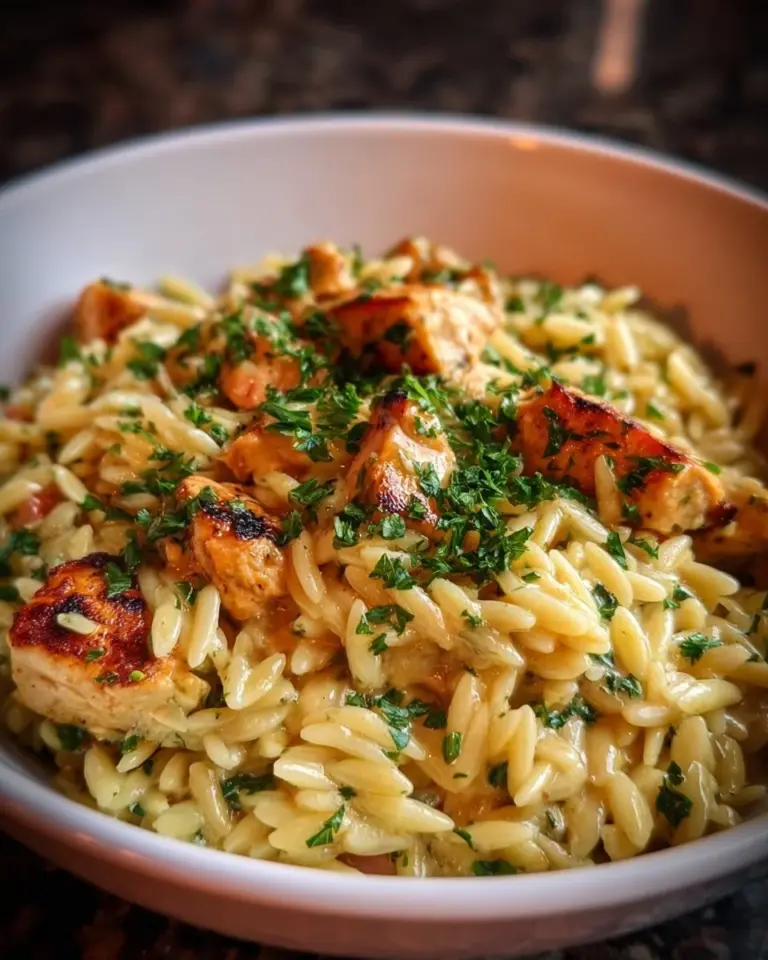 Creamy chicken and orzo dish garnished with herbs
