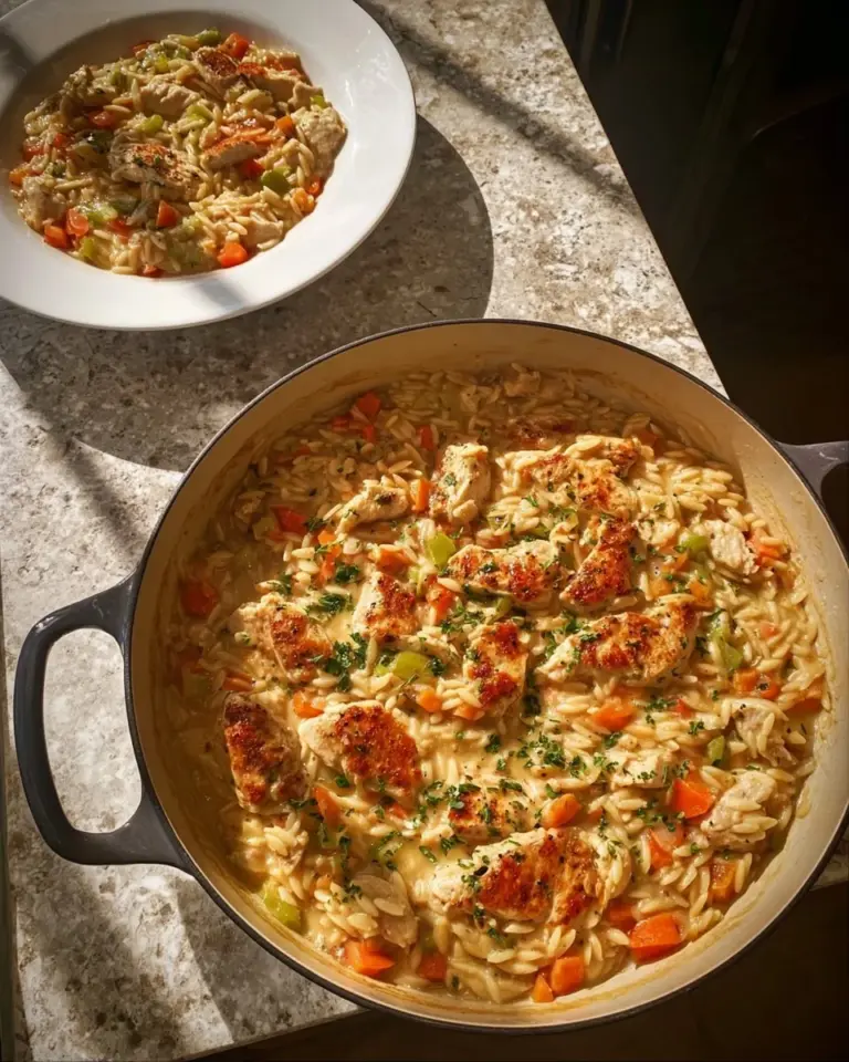 Creamy Chicken Pot Pie Orzo served in a bowl with herbs and flaky crust