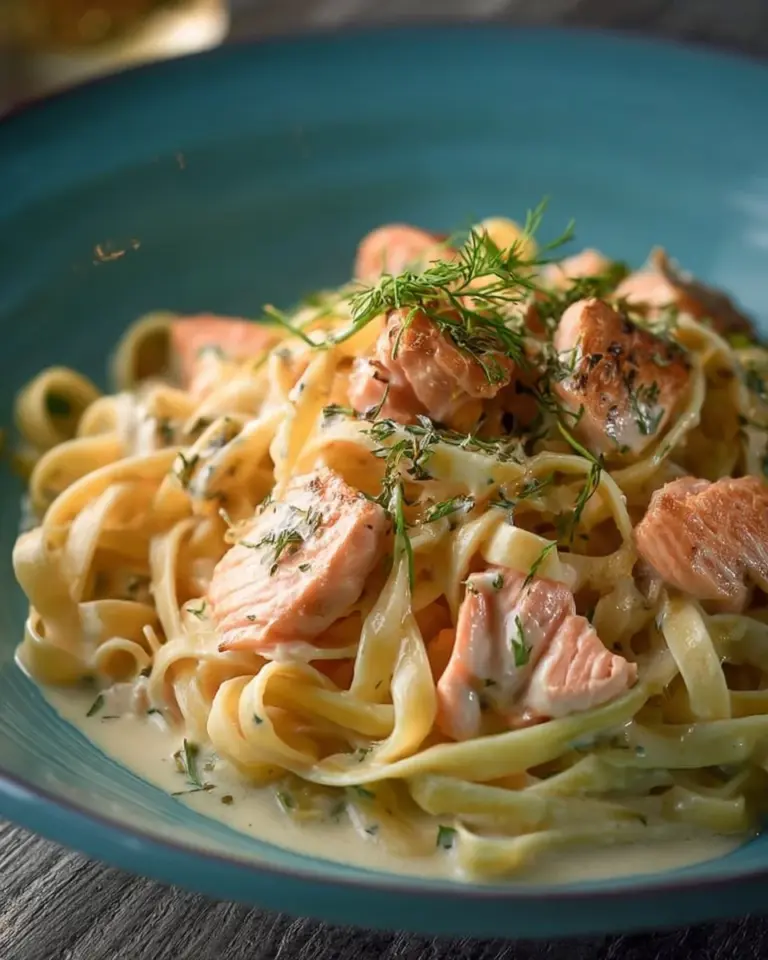 Plate of creamy garlic salmon pasta garnished with herbs