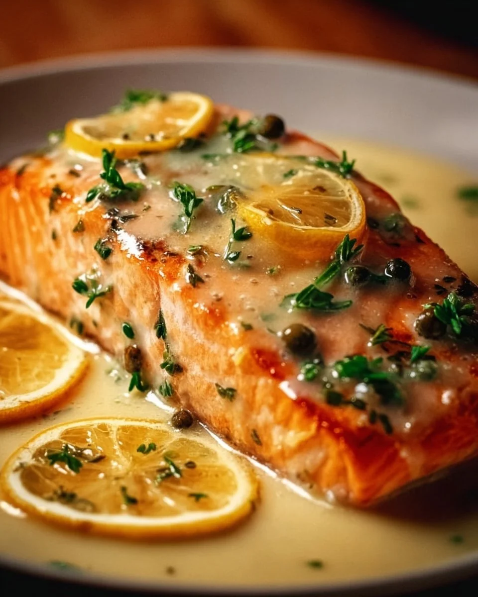 Creamy Lemon Garlic Salmon Piccata served with lemon wedges and parsley garnish