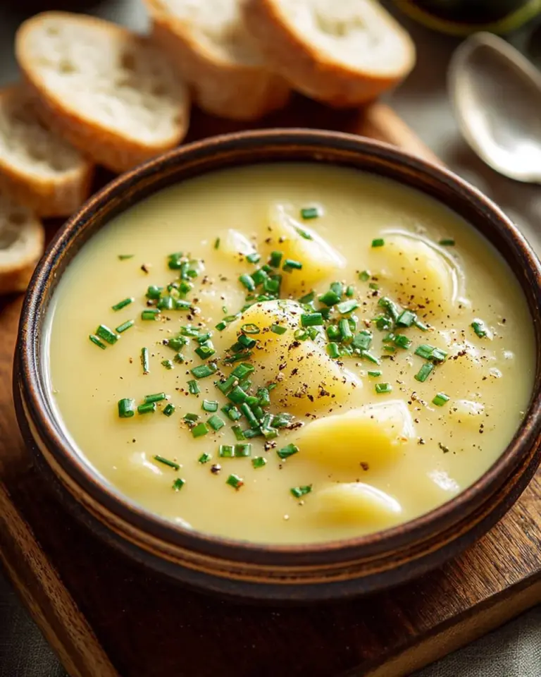 Bowl of creamy potato leek soup topped with fresh herbs