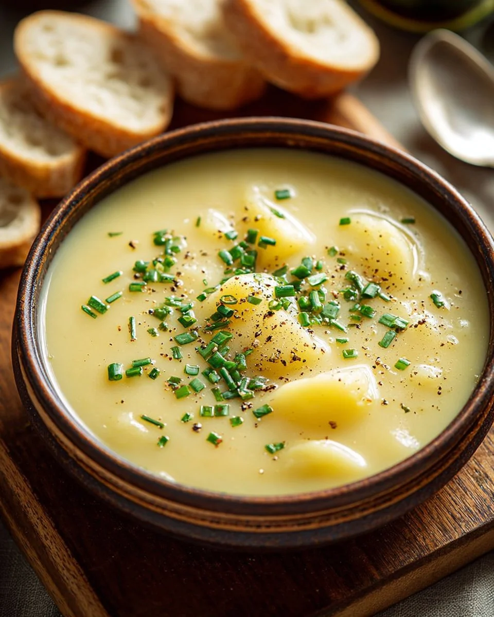 Bowl of creamy potato leek soup topped with fresh herbs