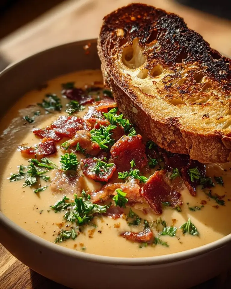 Bowl of creamy Reuben soup garnished with herbs and rye bread croutons