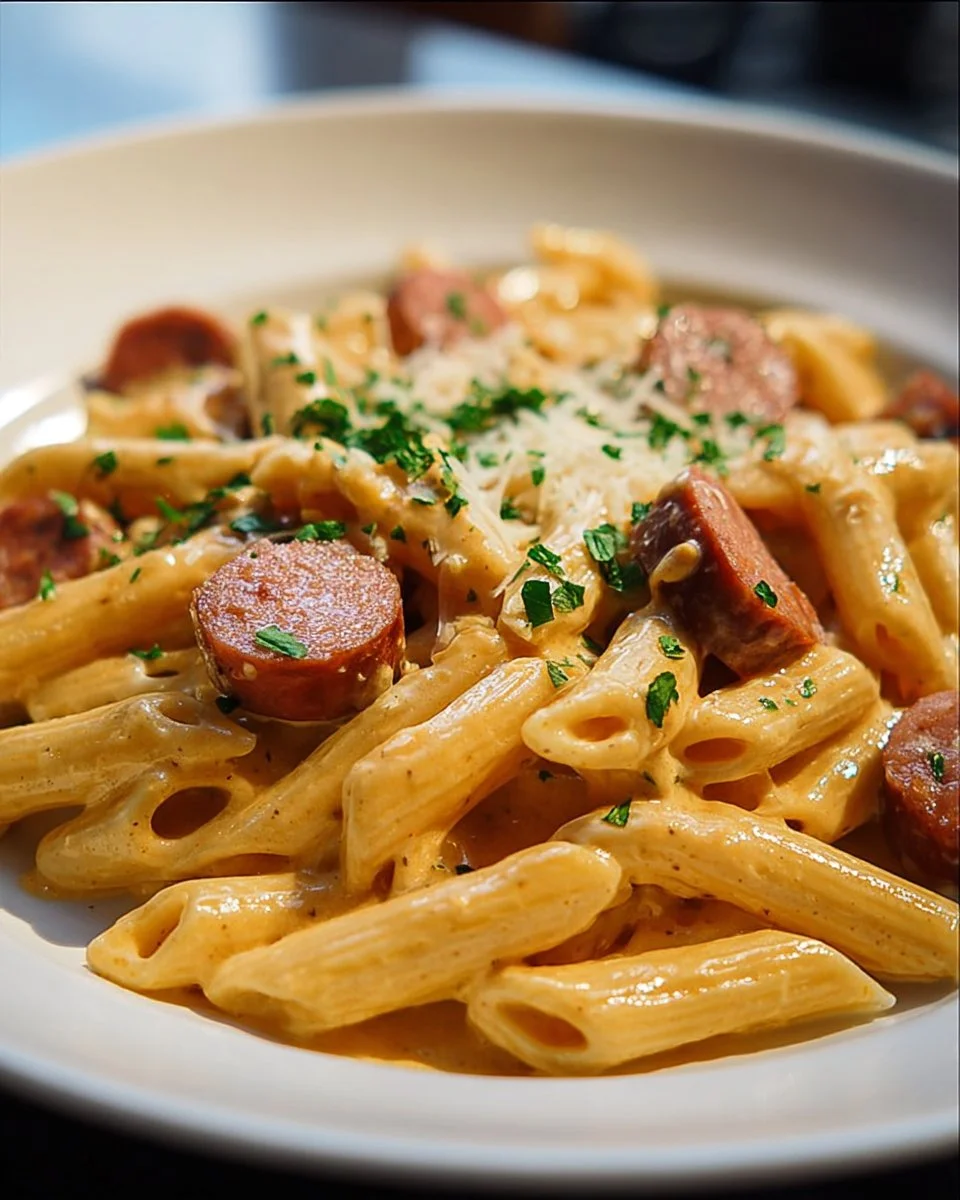 Creamy smoked sausage pasta in a bowl, showcasing a rich and flavorful comfort dish.