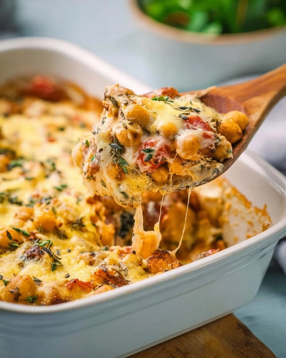 Creamy vegetarian chickpea bake served in a rustic dish garnished with herbs.