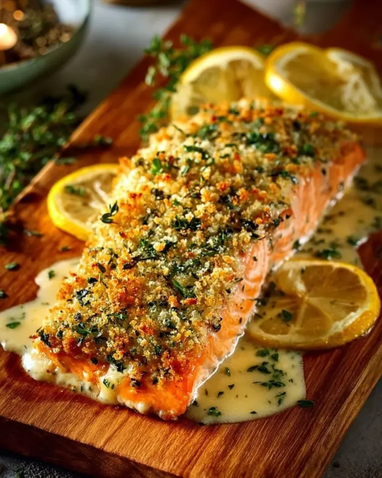 Delicious crispy Parmesan crusted baked salmon served on a plate