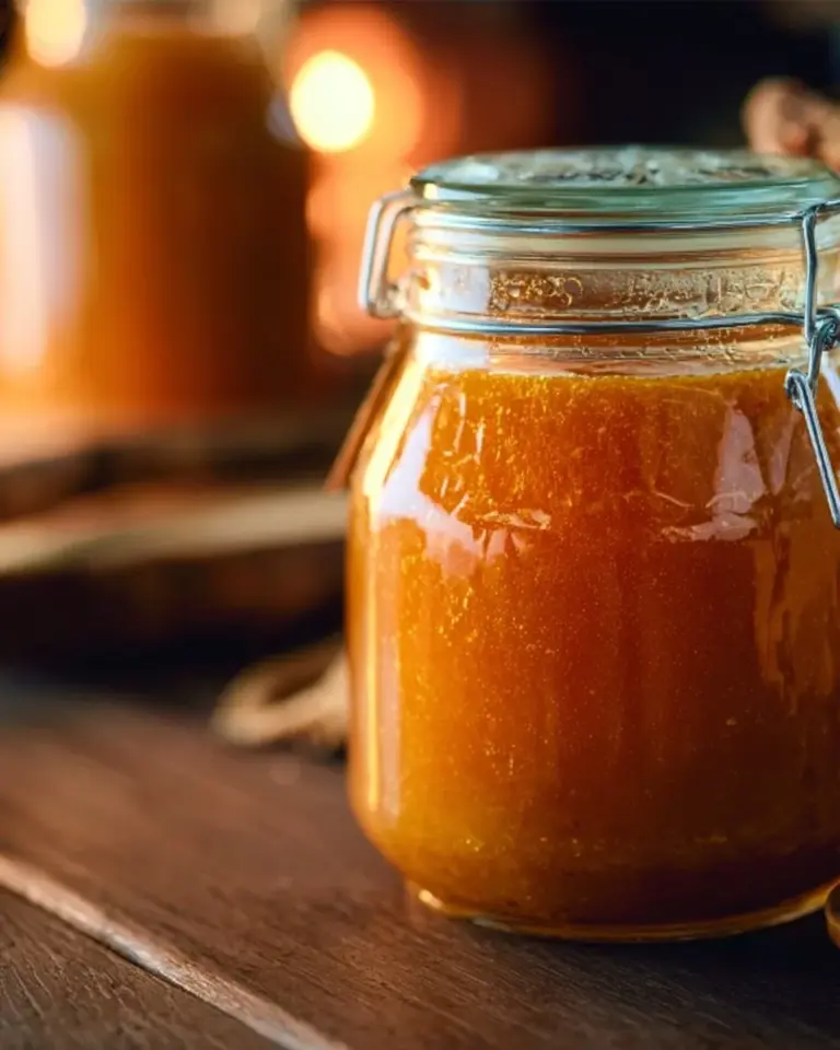 Homemade Crock Pot Pumpkin Butter in a jar with spices and pumpkin decor.