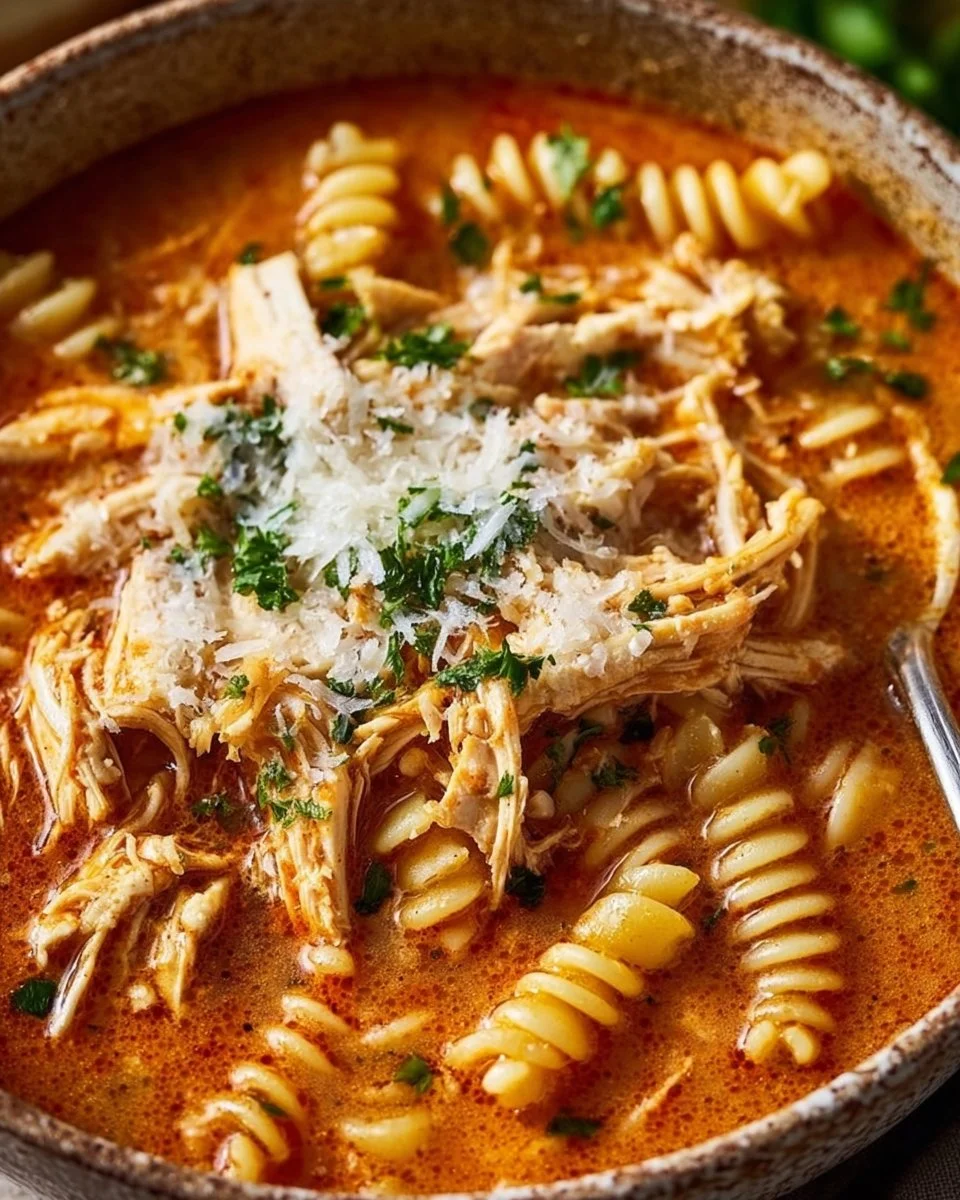 Bowl of Crockpot Chicken Parmesan Soup with chicken and parmesan cheese.