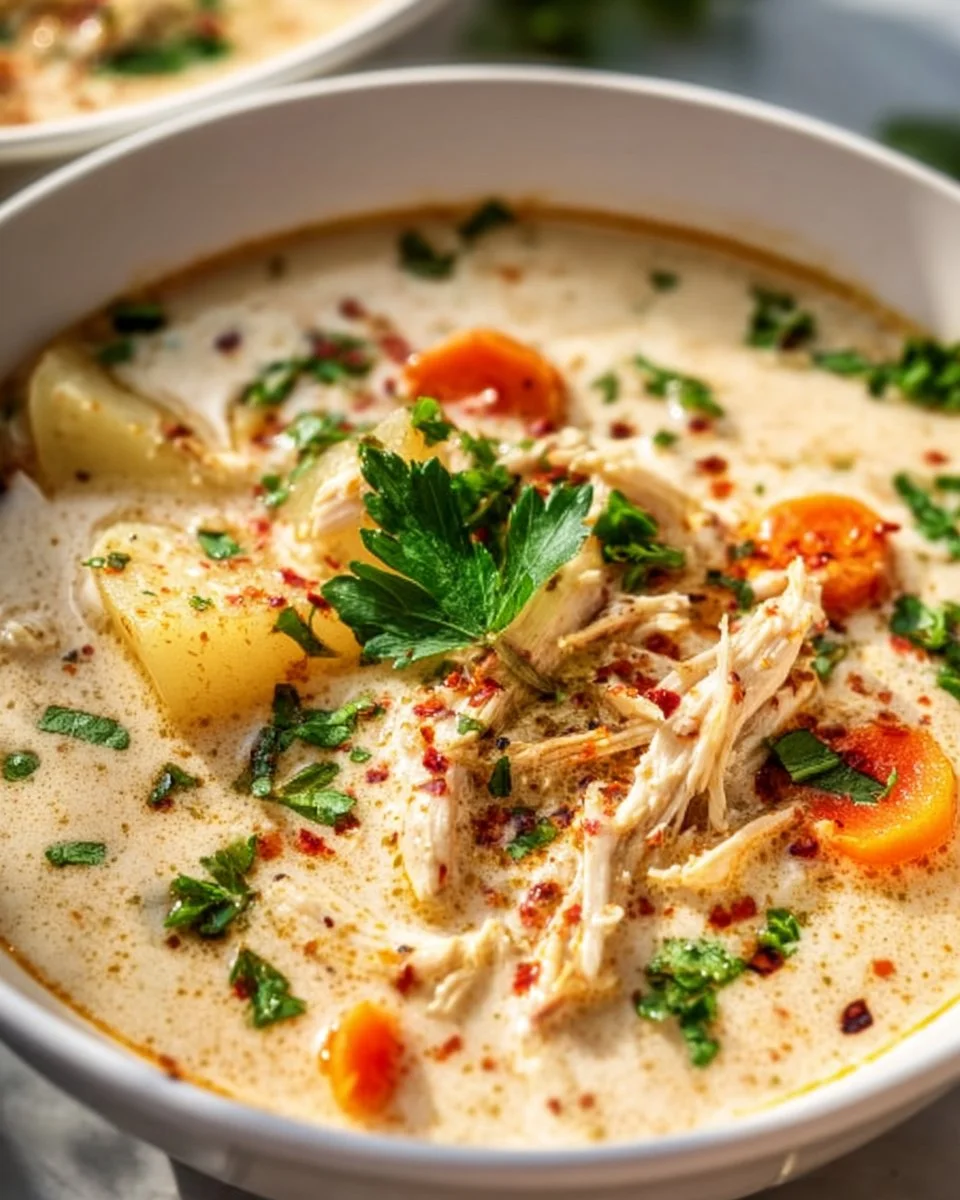Crockpot Creamy Chicken and Potato Soup garnished with herbs in a bowl.