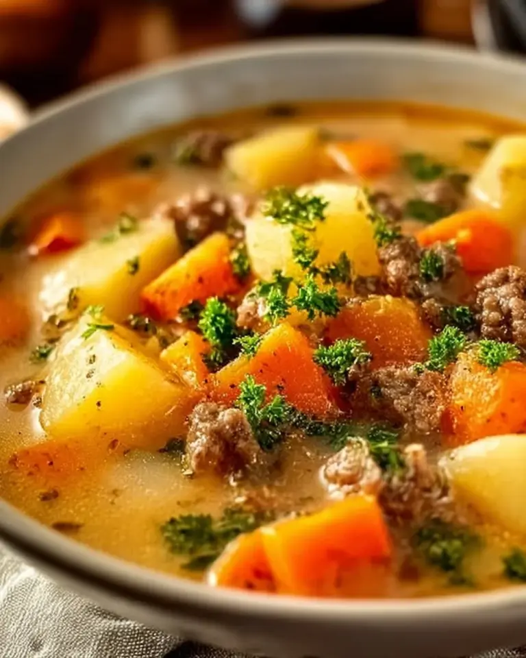 Crockpot creamy potato and hamburger soup in a bowl