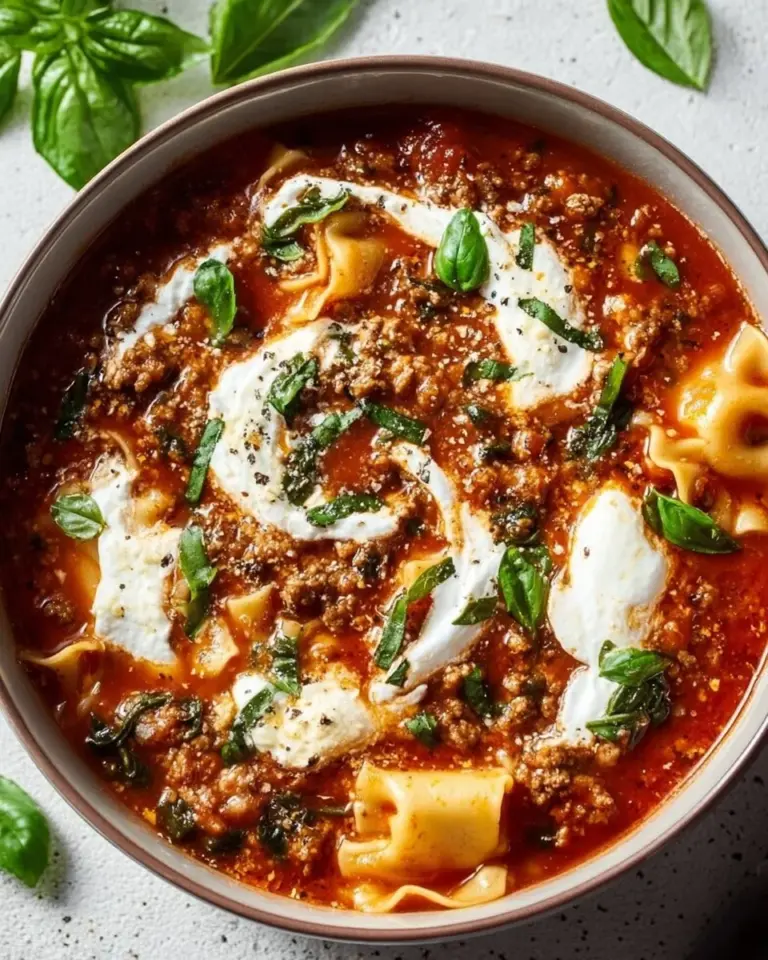 Delicious bowl of Crockpot Lasagna Soup garnished with basil and cheese