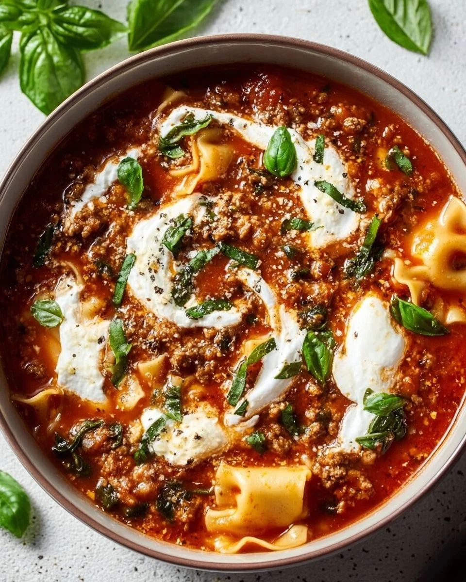 Delicious bowl of Crockpot Lasagna Soup garnished with basil and cheese