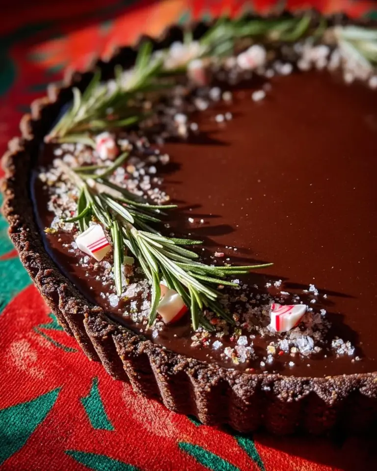 Delicious dark chocolate peppermint mousse tart garnished with mint leaves.