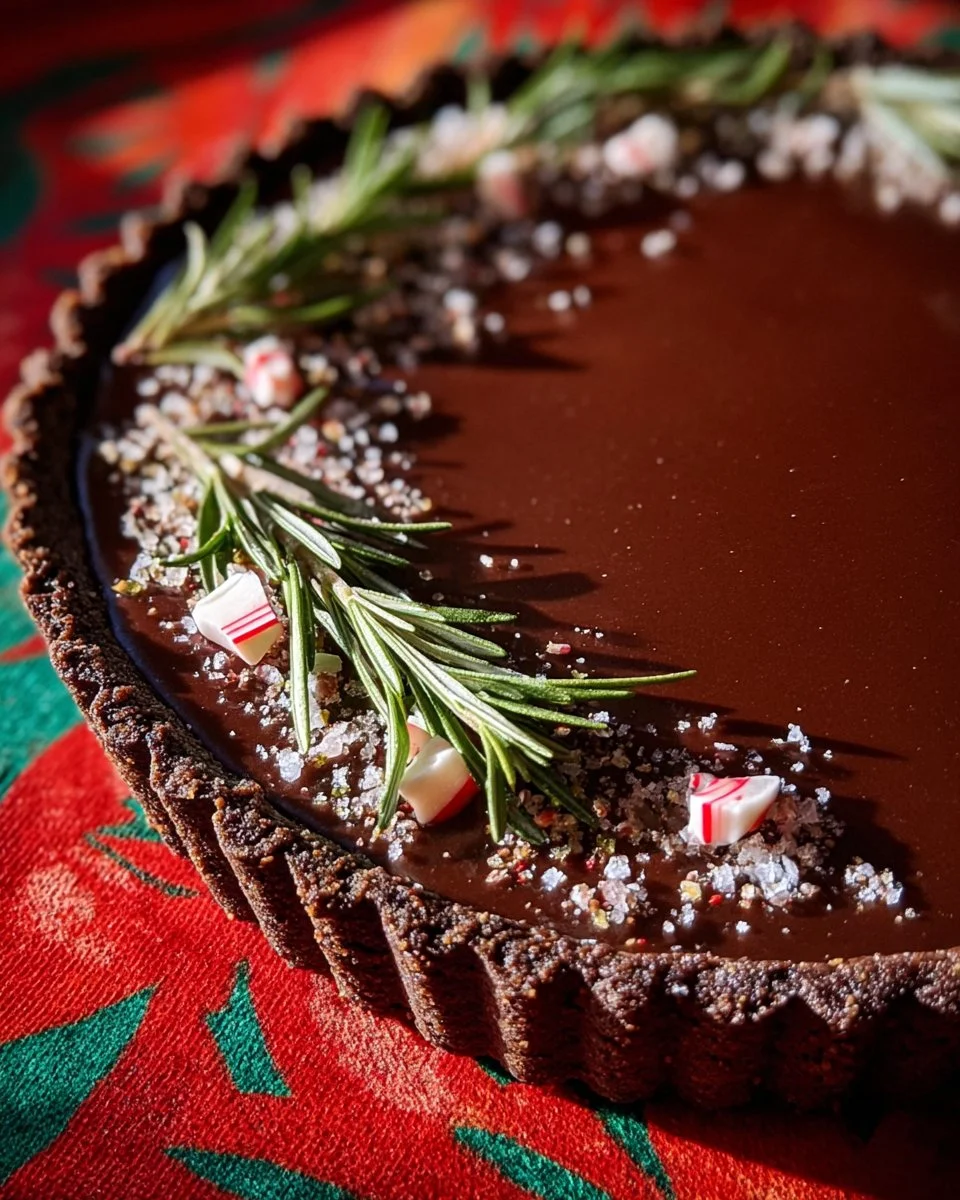 Delicious dark chocolate peppermint mousse tart garnished with mint leaves.
