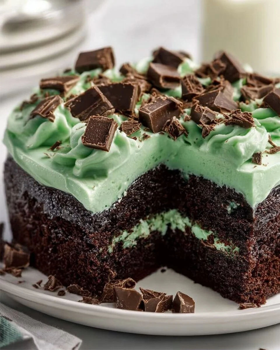 Mint chocolate poke cake with festive St. Patrick's Day decorations.