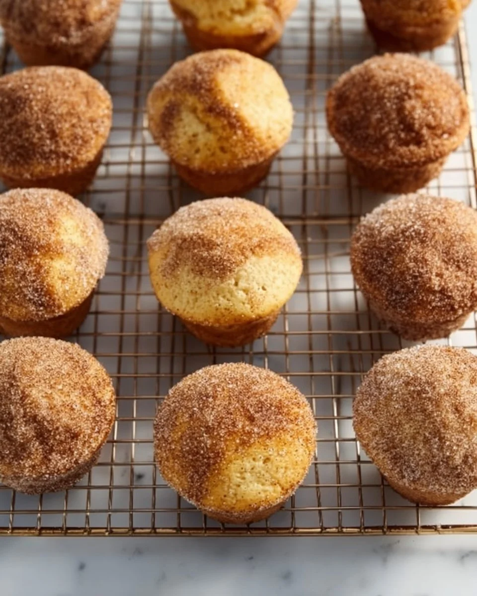 Freshly baked donut muffins with a sugary glaze on a cooling rack