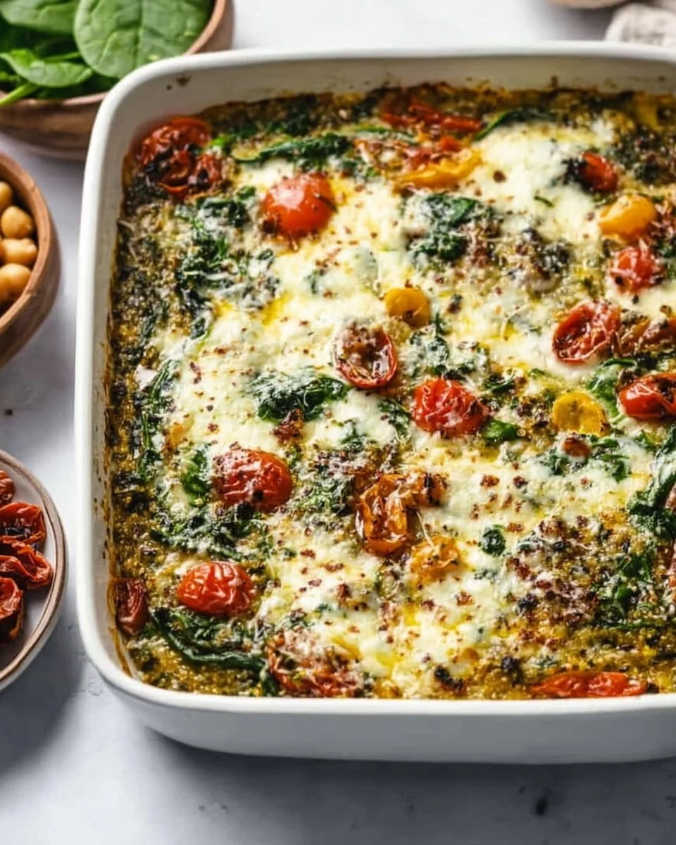 Delicious Dump and Bake Pesto Quinoa Bake in a casserole dish.