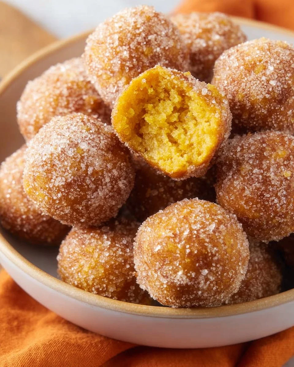 Batch of homemade Bisquick pumpkin donut holes dusted with cinnamon sugar