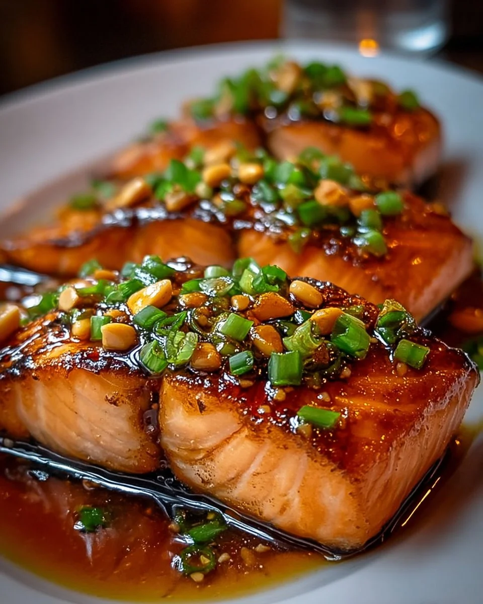 Crispy honey garlic glazed salmon garnished with herbs on a plate
