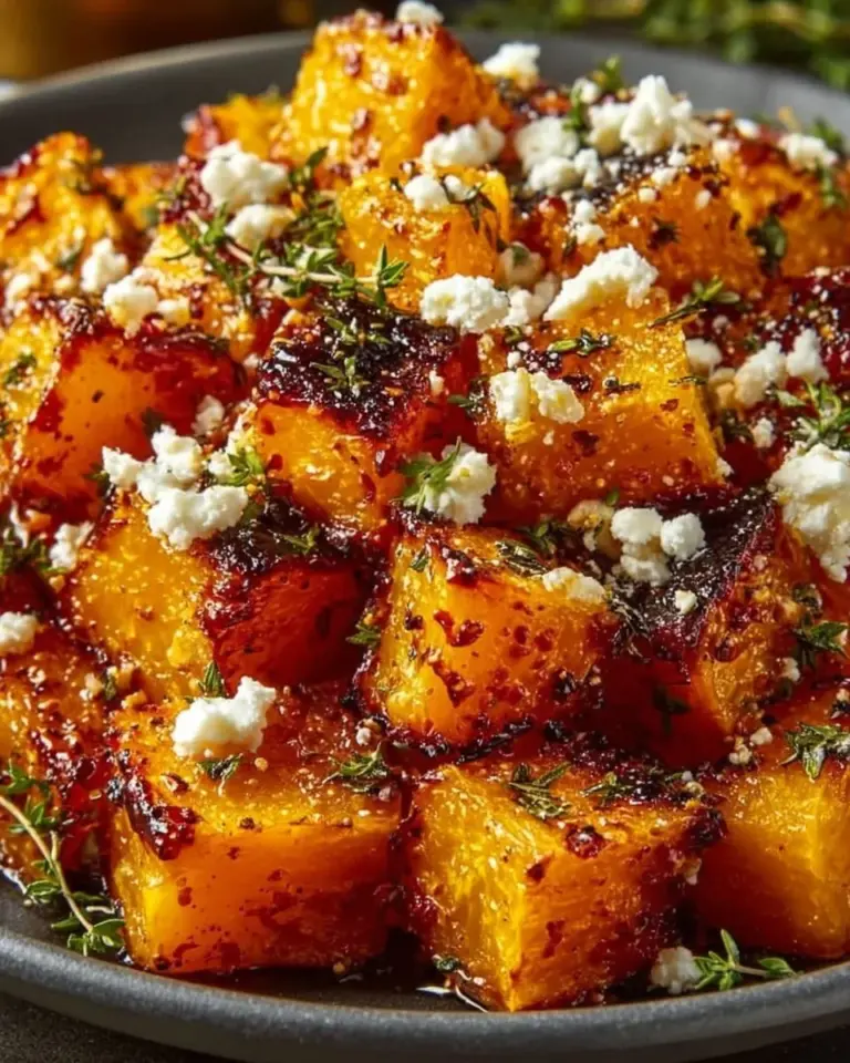 Easy roasted butternut squash with honey and feta cheese on a plate