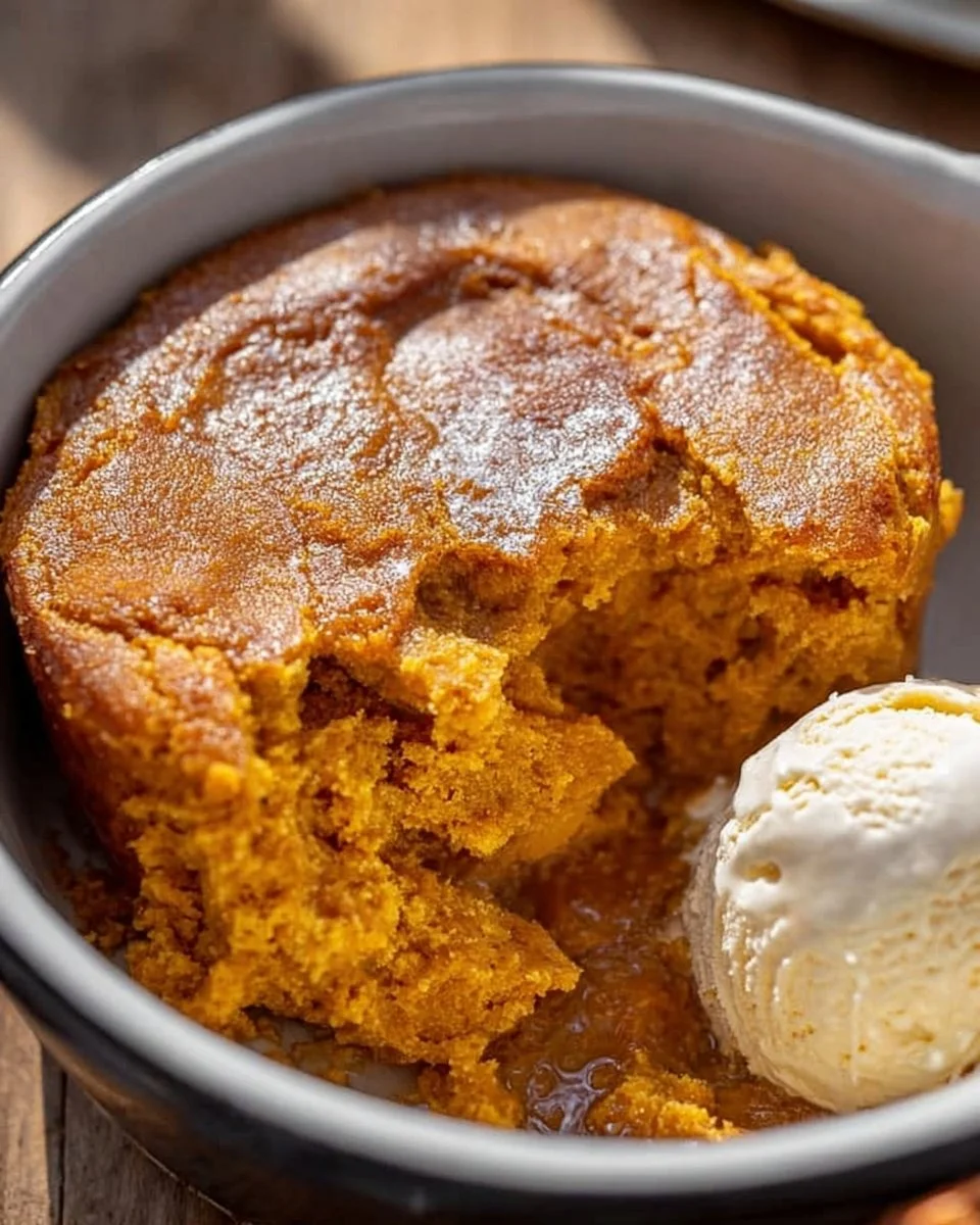 Delicious slow cooker pumpkin pie pudding served in a bowl with whipped cream