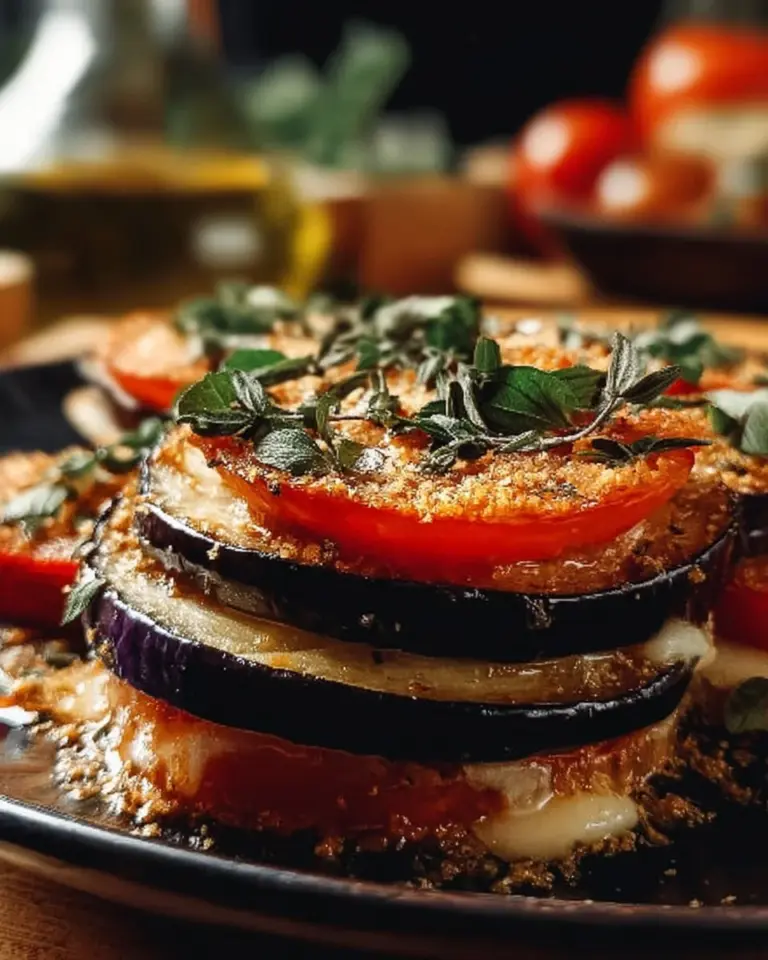 Delicious Eggplant Napoleon layered with fresh vegetables and cheese