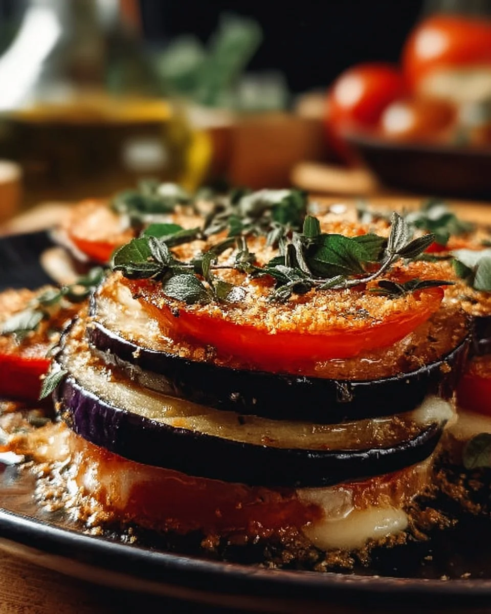 Delicious Eggplant Napoleon layered with fresh vegetables and cheese