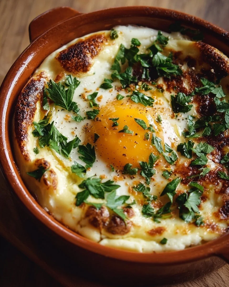 Baked Eggs Cocotte served in ramekins with herbs and cream