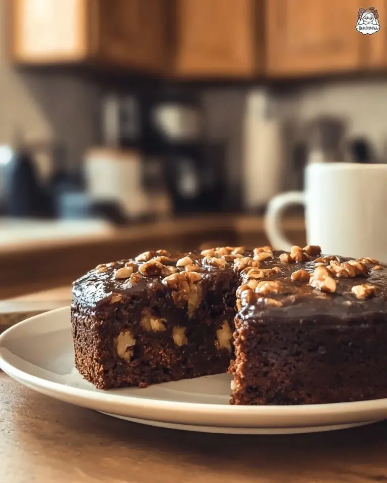 Delicious Espresso Date Cake topped with walnuts, perfect for dessert lovers