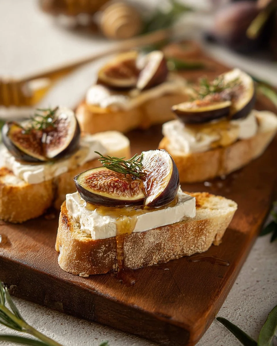 Delicious Fig and Brie Crostini topped with fresh figs and creamy cheese