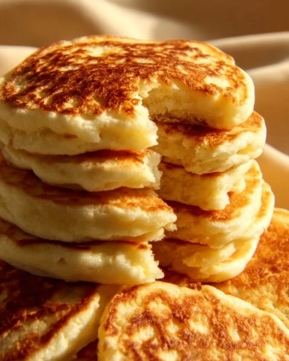 Flourless cottage cheese pancakes stacked on a plate with syrup and berries