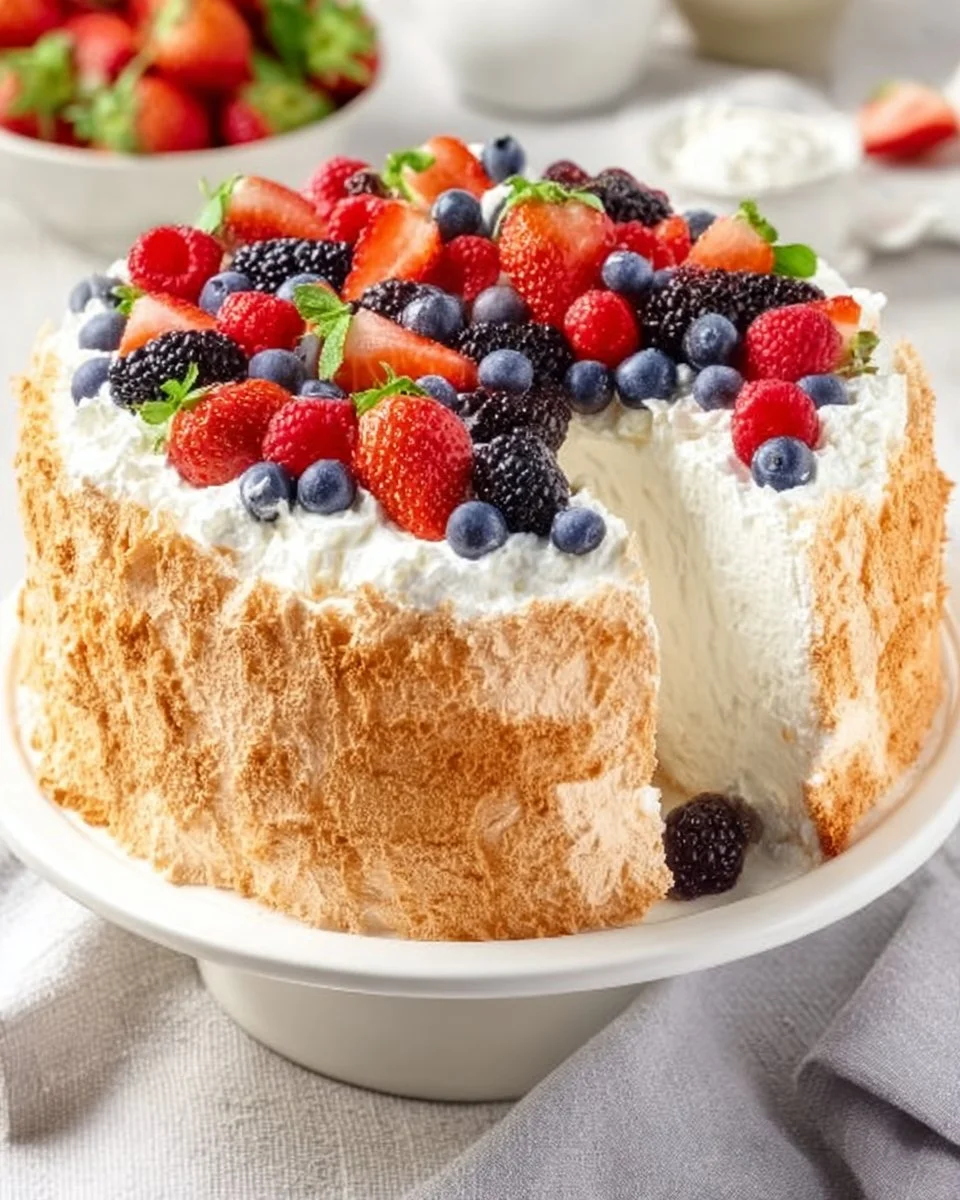 Fluffy Angel Food Cake topped with fresh berries and whipped cream