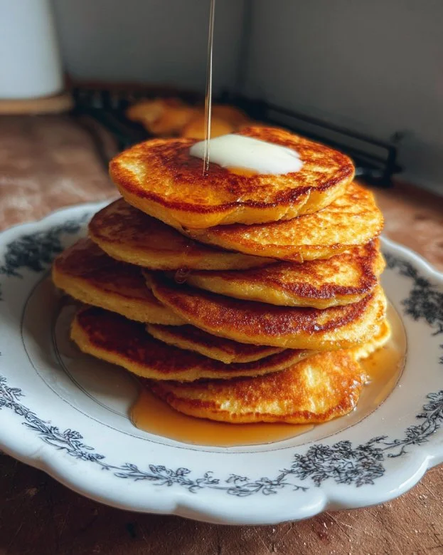 Fluffy pumpkin cottage cheese pancakes stacked on a plate