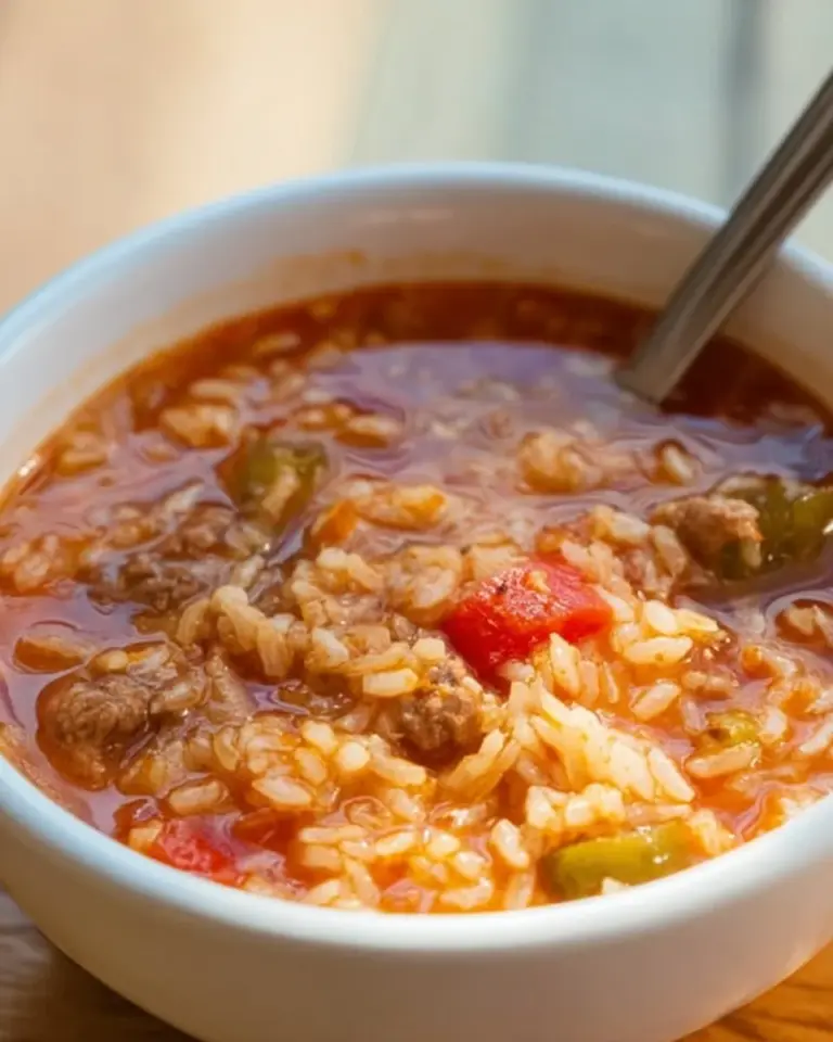 Delicious and hearty freezer-friendly Spanish Rice Soup in a bowl