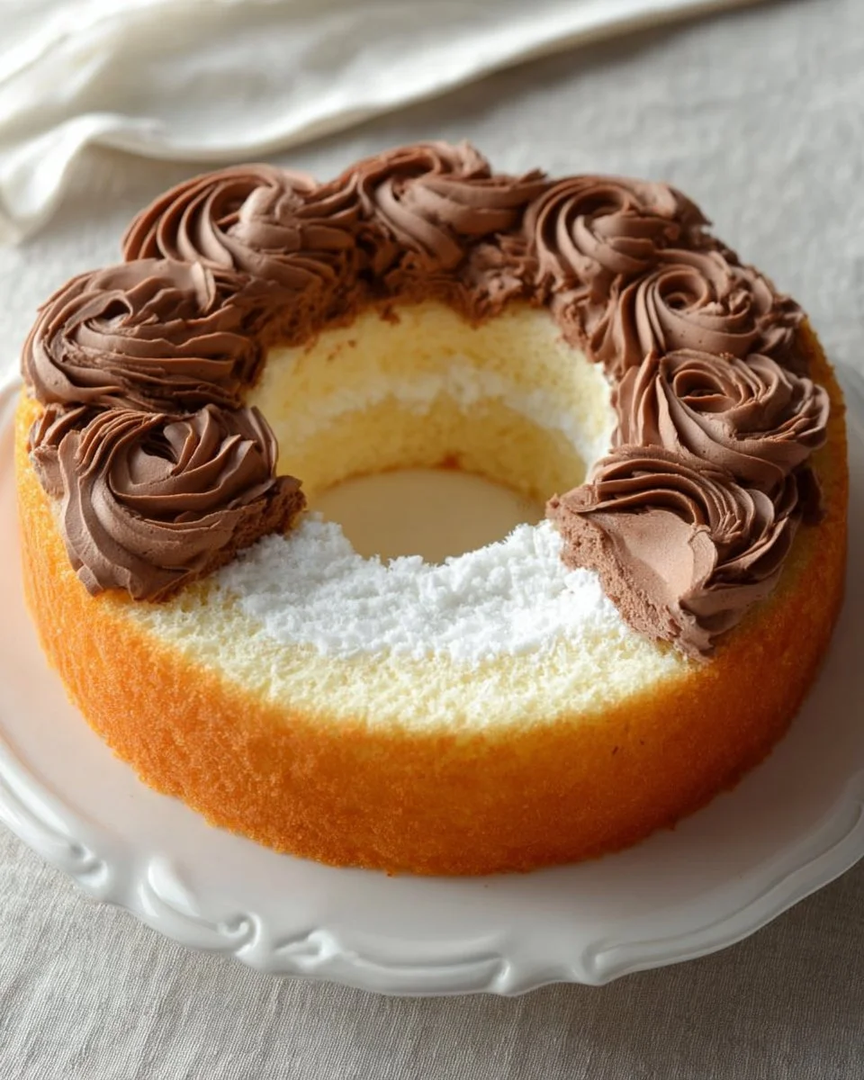 Delicious French Silk Angel Food Cake topped with chocolate ganache and whipped cream