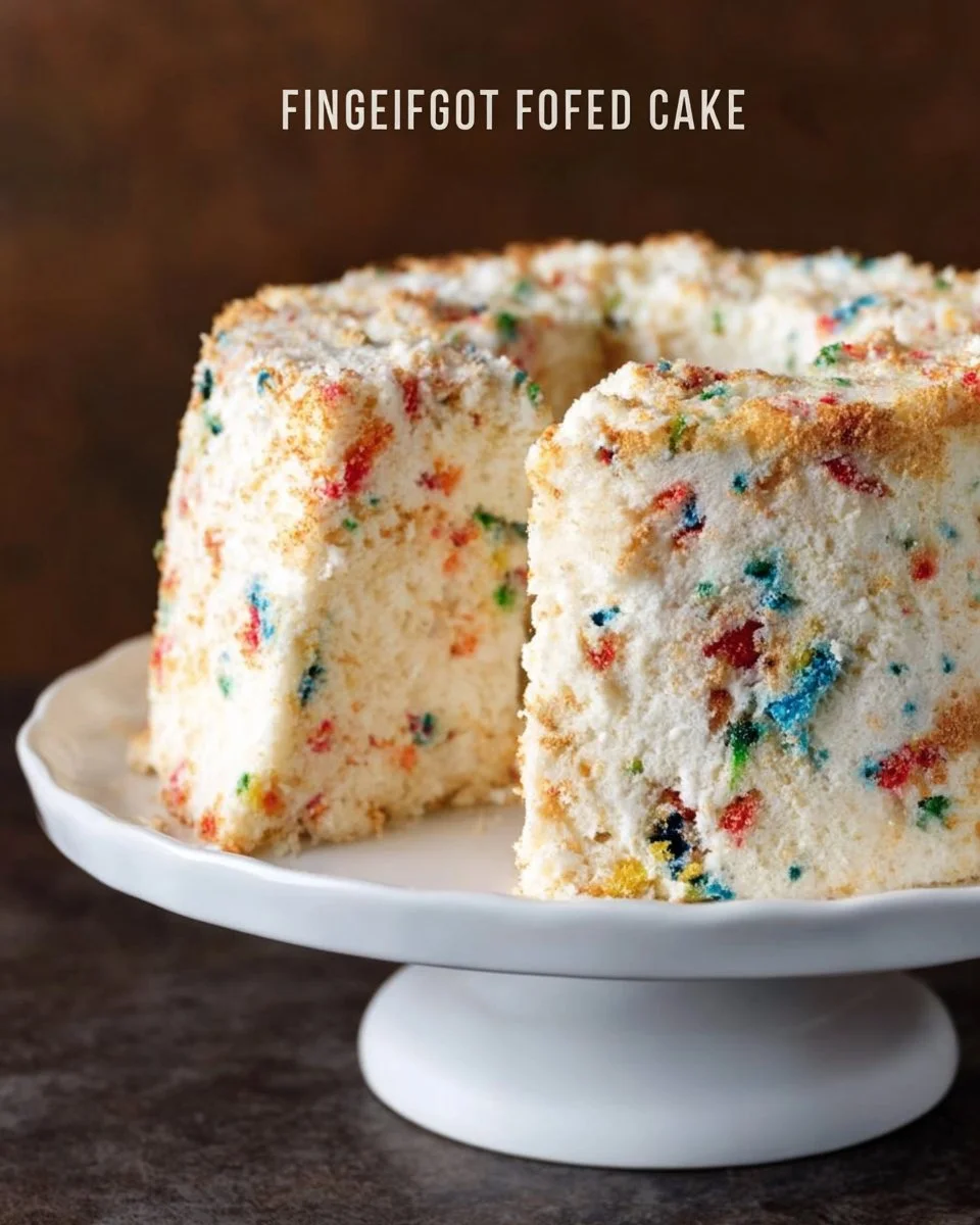 Slice of Funfetti Angel Food Cake topped with colorful sprinkles