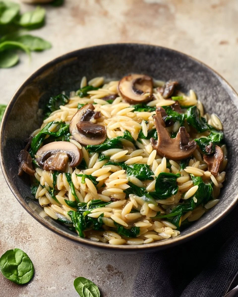 Delicious garlic butter orzo with mushrooms and spinach