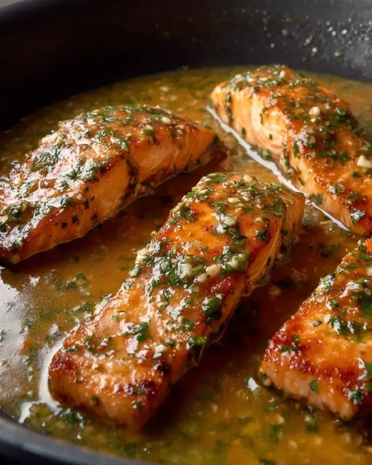 Garlic Butter Salmon fillet served with lemon slices and herbs