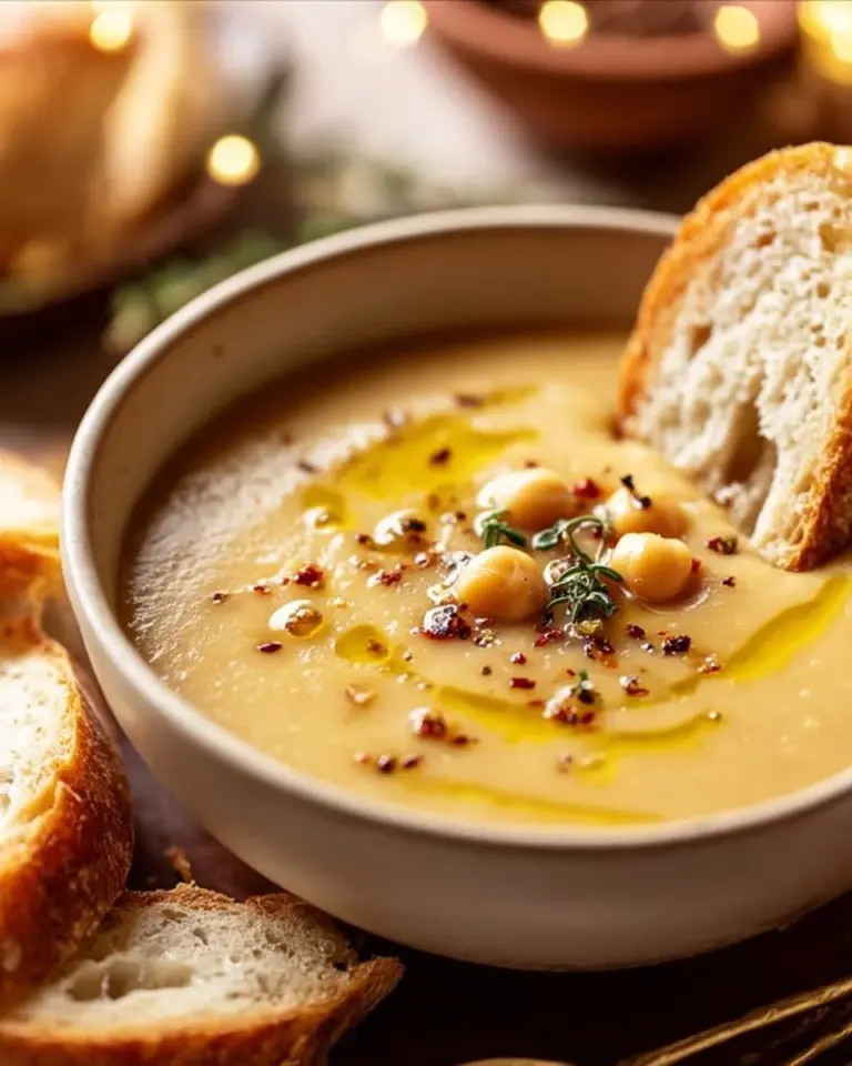 A bowl of healthy garlic chickpea soup topped with fresh herbs.