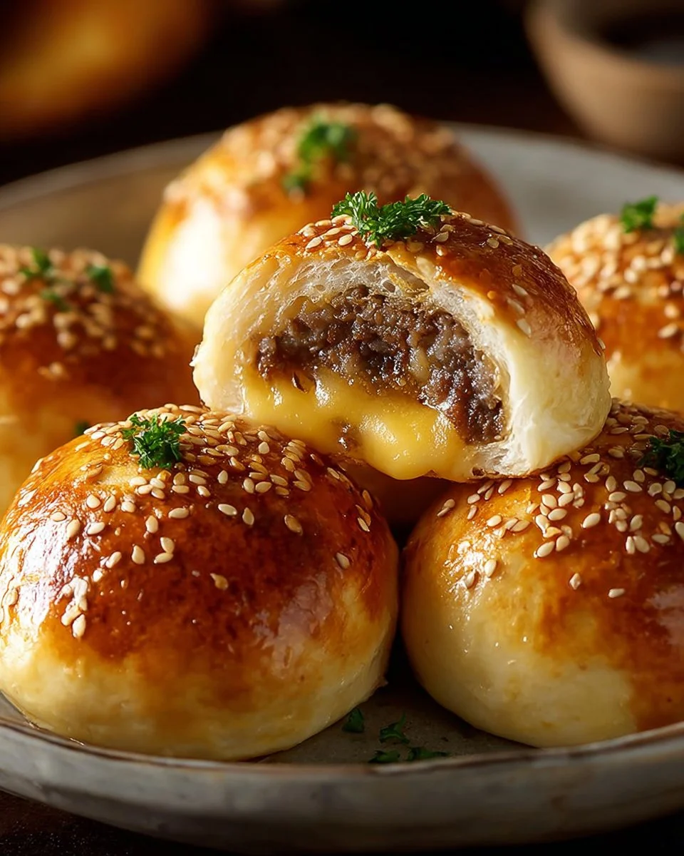 Delicious Garlic Parmesan Cheeseburger Bombs served on a plate