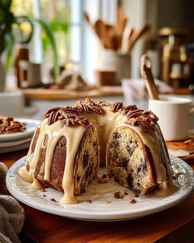 Sliced German chocolate pecan pound cake on a plate with chocolate frosting.